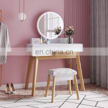 Nordic White Furniture Makeup Vanity Dressing Table With Round Mirror And Stool