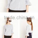 Women's Bell Sleeve Stripe Pattern Round Neck Pleated Blouse thumbnail-6