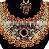 Beautiful Floral Designer Dark-Red Color Gold Plated Kundan Zerconic Necklace Earrings Tikka thumbnail-2