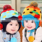 Polka Dot Pattern Pom Poms Baby Kids Children's Earflap Winter Knitted Hat