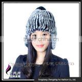 CX-C-116H Hand Knitted Beanie With Fur Ball Stock Rex Rabbit Fur Ladies Hats thumbnail-3