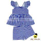 Children Striped Blue Flutter Sleeve Young Girl Separable Top Matching Shorts Kids Beach Clothes Swimwear Set thumbnail-1