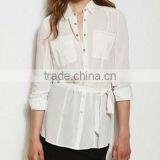 2013 Women White Sheer Chiffon Long Blouse With Belt thumbnail-1