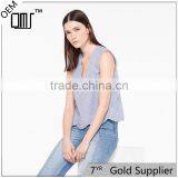 Striped Cotton Top With Wave Cut V-neck and Hem Sleeveless Shirt Tank Tops thumbnail-1