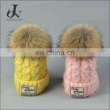 China Supplier Knitted Hats With Raccoon Fur Pompoms Fleeces Caps