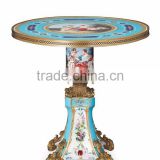 Imitate Figurine Porcelain Center Table With Brass Mounted Edge, Hand Painting European Small Round Table Inlaid Ceramic Desktop