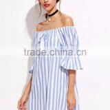 Stripe Design Women Sundress off Shoulder Latest Design Western Dress thumbnail-3