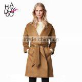 HAODUOYI Winter Women Light Tan Pockets Belt Front Trench Coat V Neck Long Line Woolen Coat thumbnail-1