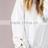 MGOO Plain White Women Sweatshirt Long Sleeve Blank Eyelet Ribbon Tie Pullover Ivory thumbnail-5