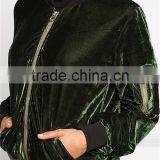 MGOO Custom Cheap Price Women Green Velvet Bomber Jackets Long Sleeves Zip Up Plain Fashion Winter Coat thumbnail-4