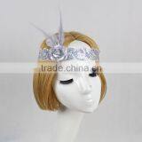 Halloween/Christmas Custom White Flapper Sequin Elastic Feather & Flower Headband thumbnail-2