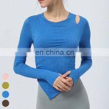 Asymmetrical Hem Design Yoga Top Gym Fitness Top Long Sleeve Thumb Holes Sports T Shirts Women Yoga Shirt With Removable Pad thumbnail-4