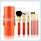 orange color OEM professional 7pcs cosmetic brush set goat hair makeup brushes with leather cup holder
