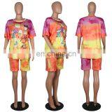 Wholesale Women Tie Dye and Printing 2 Two Piece Bodycon Outfit T Shirt and Short Sets thumbnail-3