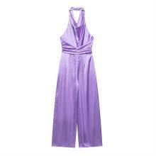 Summer New European and American Style Silk Satin Texture Hanging Neck Jumpsuit thumbnail-2