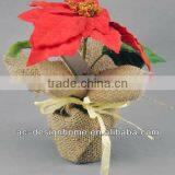 RED ARTIFICIAL VELVET POINSETTIA FLOWER BUSH X 1 W/1 PC POINSETTIA FLOWER HEAD ON BURLAP PLANTER thumbnail-1