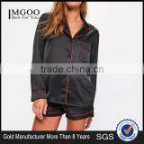MGOO Custom Embroidery Logo Black Satin Pyjamas Sets For Women Long Sleeves Buttons Shirt Long Pants Nightwear thumbnail-1