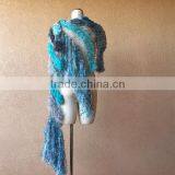 Teal Shawl Aqua Scarf Ocean Seafoam Turquoise Grey Black White Charcoal Hand Knit Striped Fringe Shawl Wrap Cape thumbnail-4