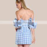 Cute Frill Puff Sleeve off the Shoulder Blue Gingham Mini Dress thumbnail-3