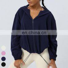 Drawstring Hoody Loose Casual Running Coat Zipper Sports Jackets Long Sleeve Gym Fitness Hooded Wear Yoga Jacket For Women thumbnail-5