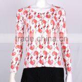 Top selling ladies' round neck long sleeve cardigan knitted sweater with button & print