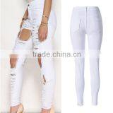2016 Summer Pockets Zipper Closure Vogue High Waist Denim Pants Ladies White Full Length Destroyed Damaged Fashion Jeans Women thumbnail-2