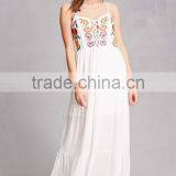 2017 Summer Latest Floral Embroidered Beach Dress Plunging Neckline Boho Maxi Dress HSd9209