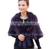 CX-B-M-60D Fashion Wholesale Knitted Mink Fur With Rosette Lady Fur Shawl thumbnail-3