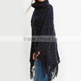 New Design Tasseled Turtle Neck Cable- Knit Pullover Poncho Sweater thumbnail-2