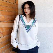 Women Casual V Neck Fashion Design Jacquard Knit Loose Cashmere Sweater thumbnail-2