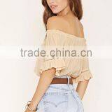 2016 Hot Sale Plain Dyed Cotton Summer Fashion off Shoulder Long Sleeve Lady Pants and Blouse thumbnail-3