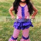 Customized Little Girls Independence Day Clothes Red Stripe Top Double Ruffle Pant