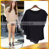 chiffon sheer short sleeved blouse floaty trendy cropped tops cowl neck blouse Irregular flounced blouse