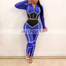 2020 Fall Fashion Woman Clothes Round Neck Crop Top High Waist Pants Two Piece Set thumbnail-4
