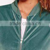 Women Velvet Bomber Jacket Green Ribbed Trim Zip Up Coat With Side Pockets With Custom Tag And Label thumbnail-4
