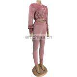 Women Fashion Front Zipper Autumn Winter Long Sleeve Crop Top Outfits Jacket Tracksuits Velvet Two Piece Sets thumbnail-6