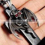 Men's Large Black Tone Stainless Steel Bat Skull Cross Pendant thumbnail-1