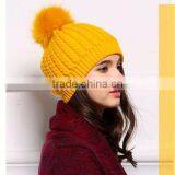 New Arrival Winter Knitted Wool Bulk Beanie Hats with Fox Fur Pom poms For Cute Gilrs