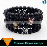 Hot Sale Rhinestone King Crown Charm Black Natural Lava Stone Bead Bracelet