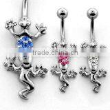 Steel and crystal moving lizard navel ring
