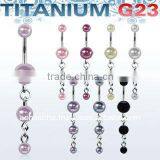 Titanium G23 Belly Banana Bar, 14g (1.6mm) With 5 & 8mm Faux Pearl Balls and Double Dangling Pearls thumbnail-1