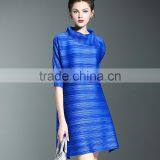 Women Striated Polo Neck Casual Pleated Dresses thumbnail-3