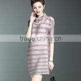 Women Striated Polo Neck Casual Pleated Dresses thumbnail-5