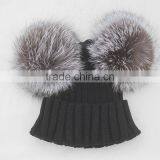 Myfur Black Double Silver Fox Fur Pom Puff Knitted Funny Cute Beanie Hats thumbnail-6
