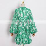 TWOTWINSTYLE Ruched Print Dress For Women V Neck Lantern Sleeve High Waist High Color Elegant thumbnail-2