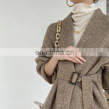 Женская модная овальное длинное кардиган из кашемира и шерсти с рибкой и поясом thumbnail-5