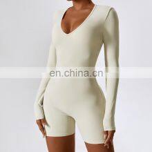2023 Women Yoga Workout Bodysuits Gym Long Sleeve Sexy Fitness V Neck Fashion One Piece High Quality Breathable Jumpsuit thumbnail-5