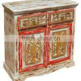 French Vintage Reclaimed Wood Cabinet, Colorful Brass Fitted Cabinet