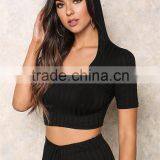 MGOO High Quality Black Ribbed Hood Tops Sleeveless Cropped Tops And Legging For Running Tracksuits Plain Basic thumbnail-5