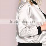 Women Satin Zip Up Jacket Sleek Metallic Bomber Jacket Silver Ribbing Trim Outwear With Side Pockets thumbnail-5